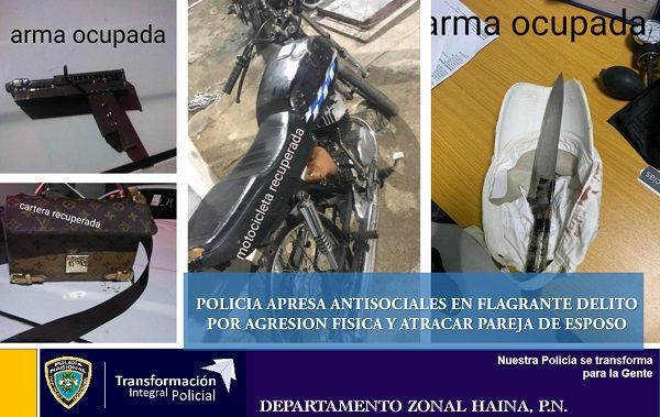 Policía apresa antisociales en flagrante delito por agresión física y atraco a pareja de esposo