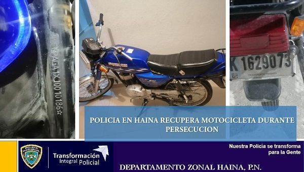 Policía de Haina recupera motocicleta durante persecución