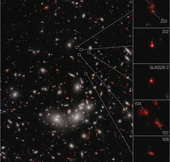 Un cúmulo de galaxias formándose poco después de la creación del universo