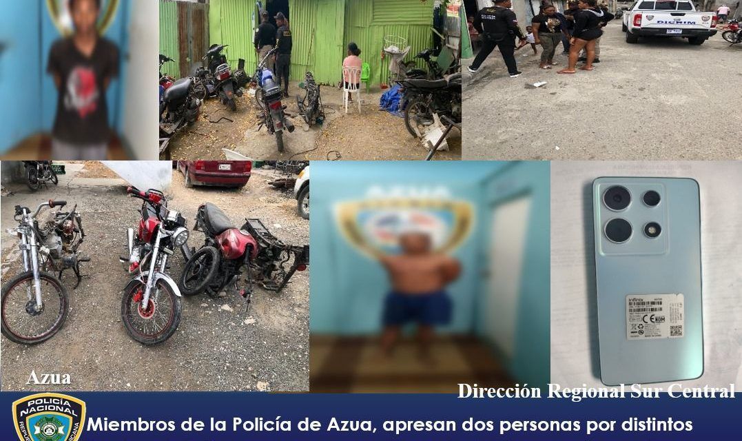 Miembros de la Policía de Azua, apresan dos presuntos delincuentes por distintos hechos delictivos, se recuperan dos motocicletas con denuncia, un celular y un chasis con la numeración no legible en Azua*