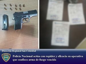 Policía Nacional actúa con rapidez y eficacia en operativo que confisca arma de fuego vencida