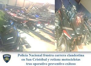 Policía Nacional frustra carrera clandestina en San Cristóbal y retiene motocicletas tras operativo preventivo exitoso