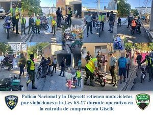 Policía Nacional y la Digesett retienen motocicletas por violaciones a la Ley 63-17 durante operativo en la entrada de compraventa Giselle
