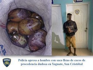 Policía apresa a hombre con saco lleno de cocos de procedencia dudosa en Yaguate, San Cristóbal