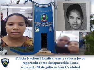 Policía Nacional localiza sana y salva a joven reportada como desaparecida desde el pasado 30 de julio en San Cristóbal