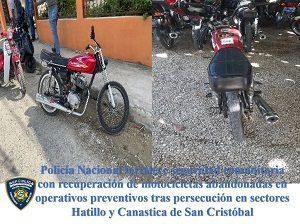 Policía Nacional fortalece seguridad comunitaria con recuperación de motocicletas abandonadas en operativos preventivos tras persecución en sectores Hatillo y Canastica de San Cristóbal