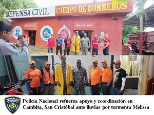 Policía Nacional refuerza apoyo y coordinación en Cambita, San Cristóbal ante lluvias por tormenta Melissa