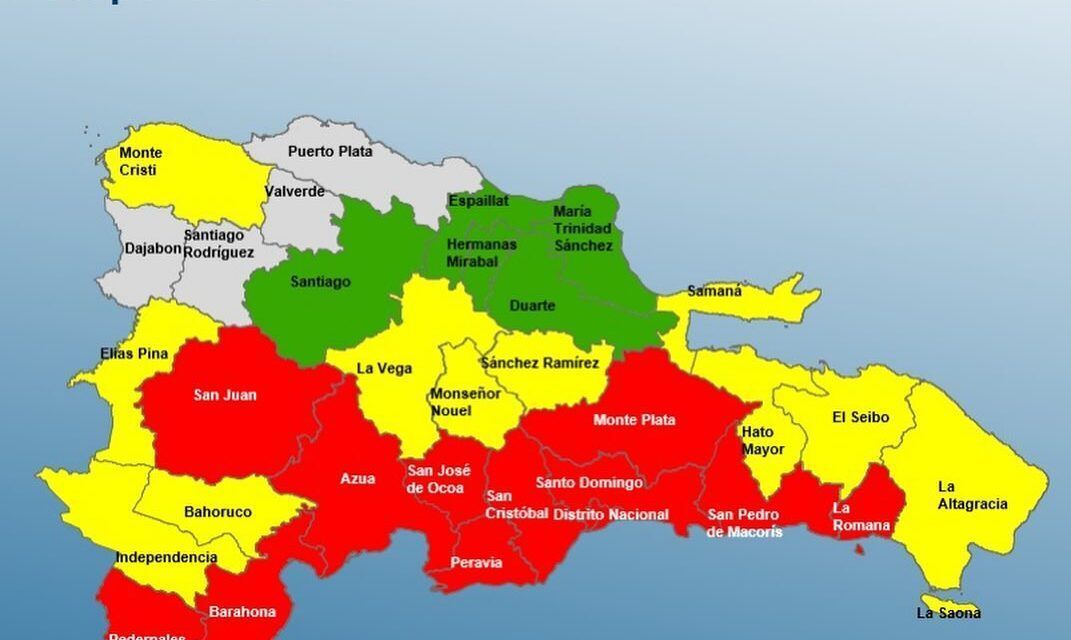 El COE mantiene 11 provincias y al Distrito Nacional en alerta roja, 11 en amarilla y aumenta 05 en verde