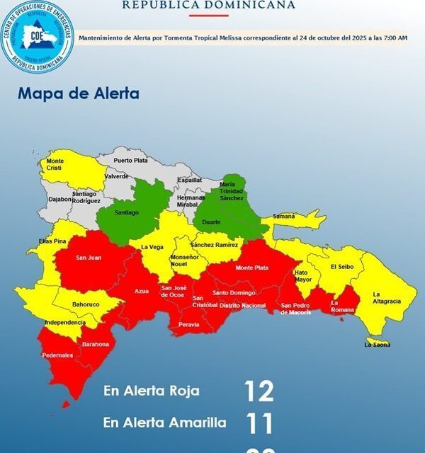 El COE mantiene 11 provincias y al Distrito Nacional en alerta roja, 11 en amarilla y 03 en verde