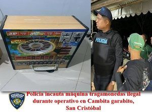 Policía incauta máquina tragamonedas ilegal durante operativo en Cambita garabito, San Cristóbal
