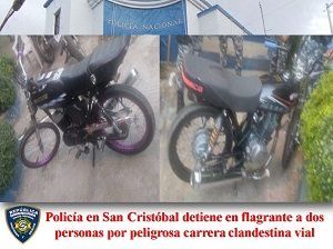 Policía en San Cristóbal detiene en flagrante a dos personas por peligrosa carrera clandestina vial