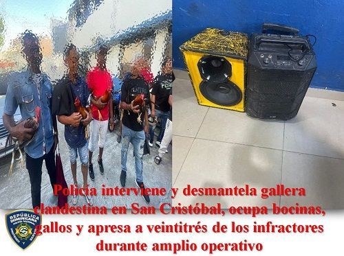 Policía interviene y desmantela gallera clandestina en San Cristóbal, ocupa bocinas, gallos y apresa a veintitrés de los infractores durante amplio operativo