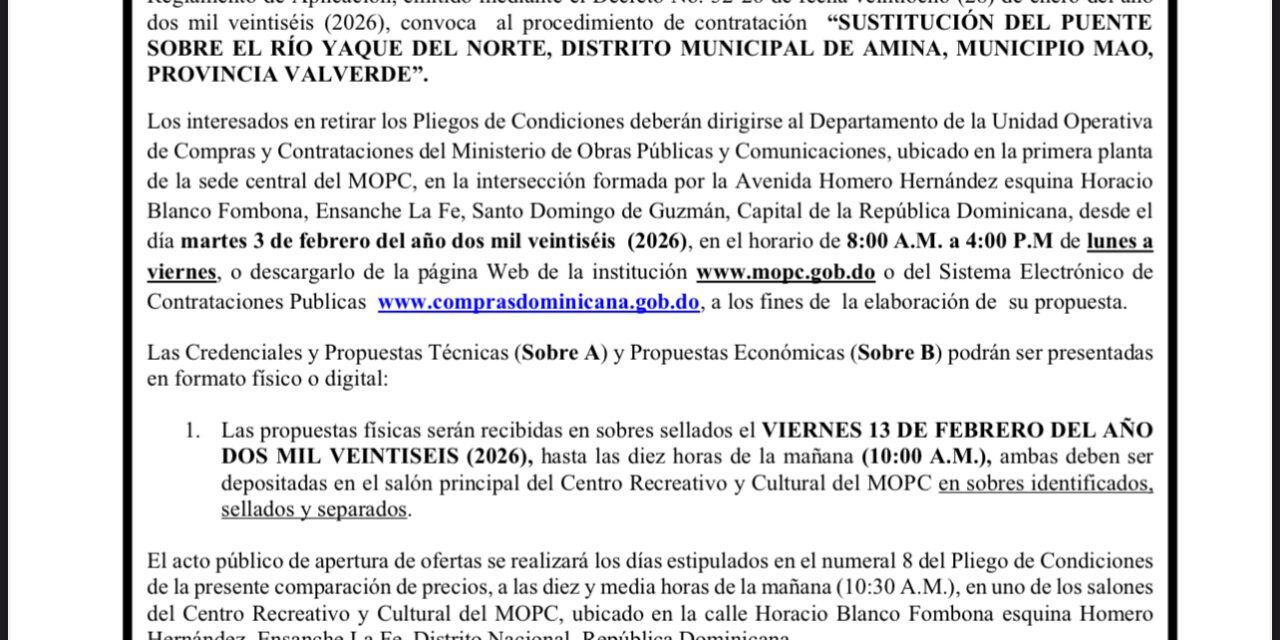 Convocan licitación de urgencia para la sustitución del puente sobre el río Yaque del Norte, en Amina