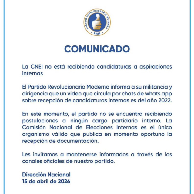 PRM aclara que no recibe candidaturas internas y desmiente video que circula en WhatsApp