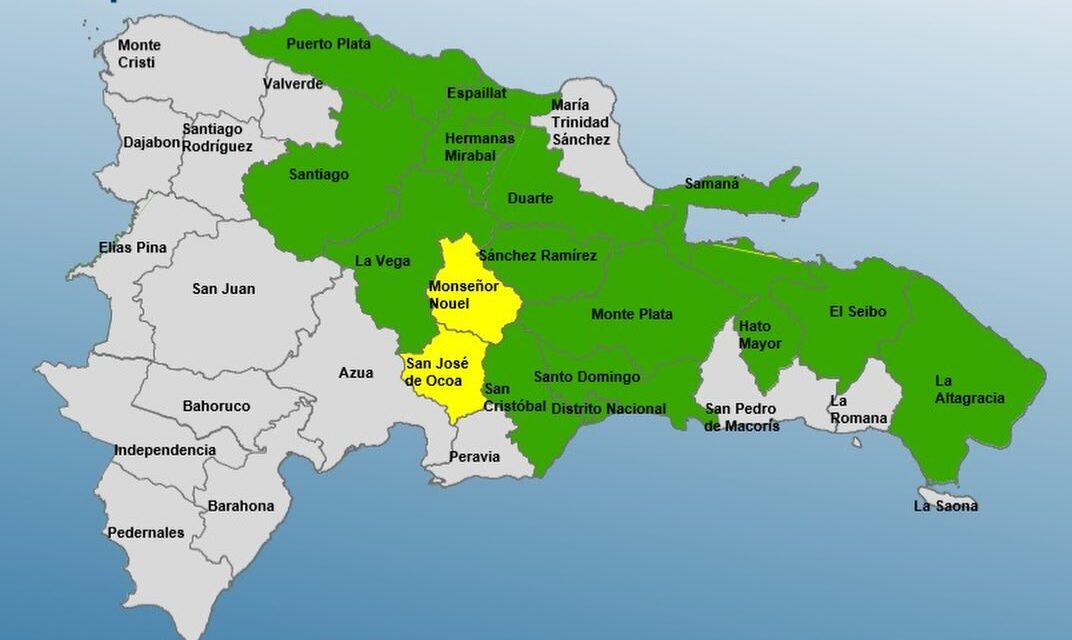 El COE aumenta 02 provincias en alerta amarilla y 14 y el Distrito Nacional en alerta verde